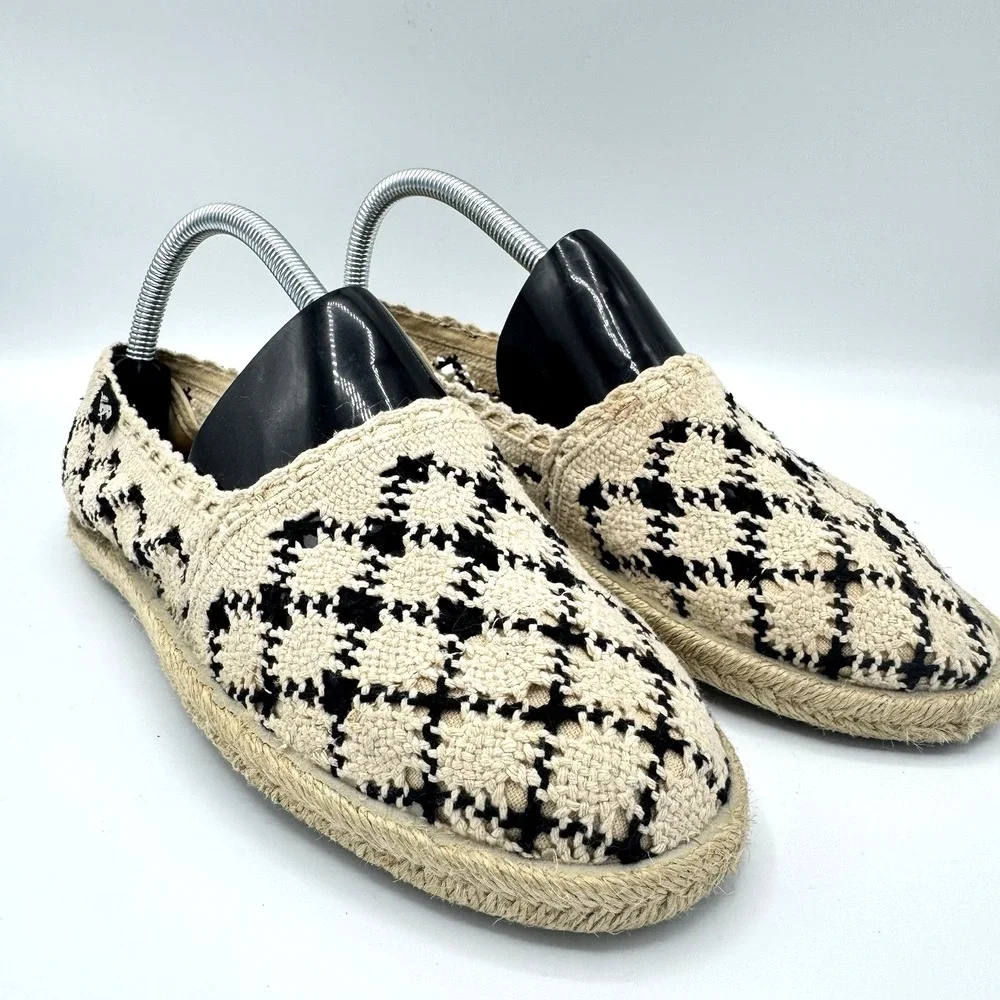 Rocket Dog Crochet Espadrille Flats Womens 7.5 Cream Black Slip On Boho Shoes